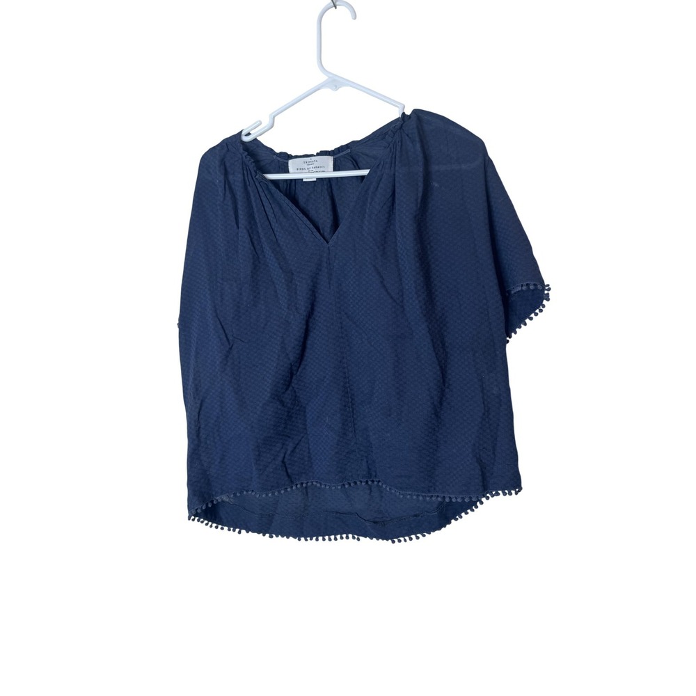 Birds Of Paradis Blouse Womens‎ Small Blue V Neck Fringe Hem Short Sleeve Top